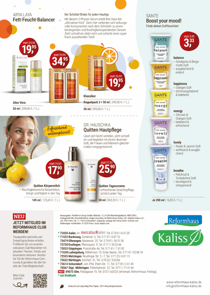Aktionen im Monat August. Der August im Reformhaus Kaliss. Der Monataktionsflyer.